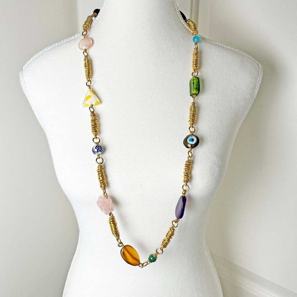 Handcrafted Gold-Toned Bohemian Cocoon Necklace – Multicolored Stones & Beads